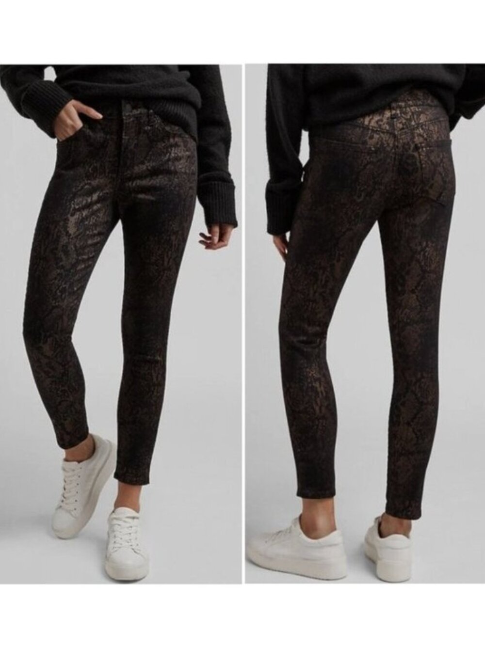 Express Skinny Mid Rise Pants in Gold Foil Snakeskin Print – Size 4